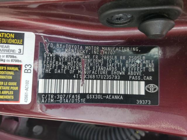4T1BK36B17U235793 - 2007 TOYOTA AVALON XL MAROON photo 12