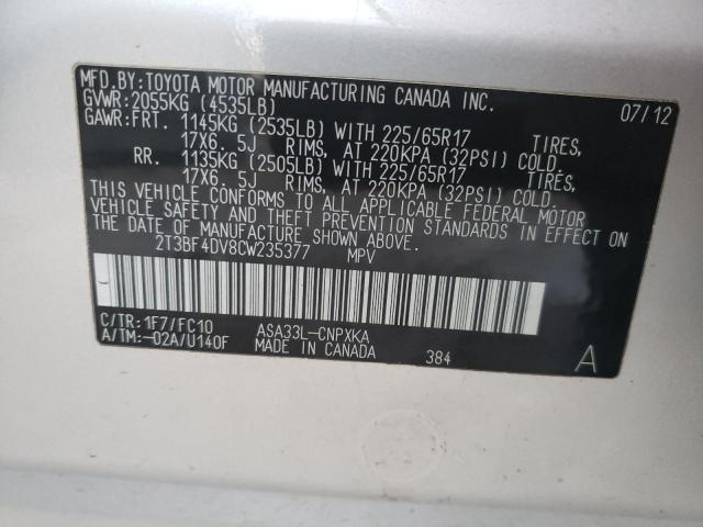 2T3BF4DV8CW235377 - 2012 TOYOTA RAV4 SILVER photo 13