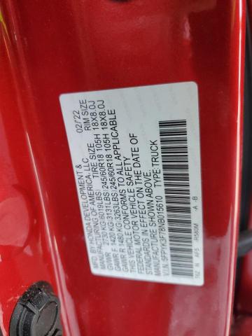 5FPYK3F78NB015610 - 2022 HONDA RIDGELINE RTL RED photo 12