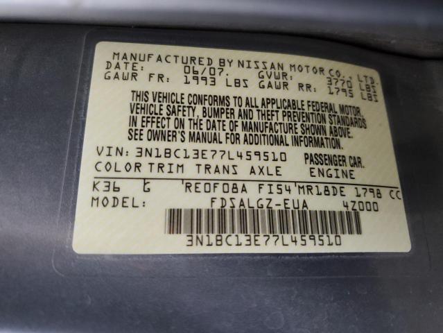 3N1BC13E77L459510 - 2007 NISSAN VERSA S CHARCOAL photo 12