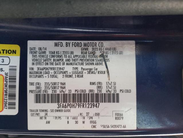 3FA6P0H79FR123947 - 2015 FORD FUSION SE BLUE photo 12