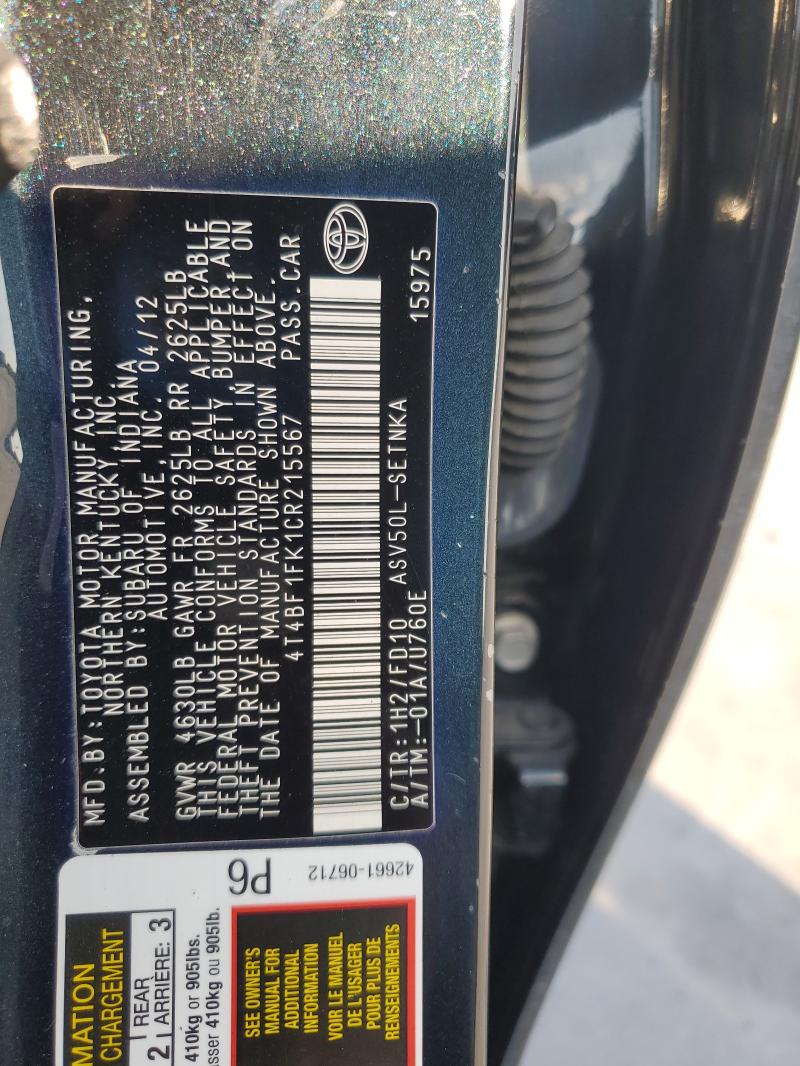 4T4BF1FK1CR215567 - 2012 TOYOTA CAMRY BASE BLACK photo 12