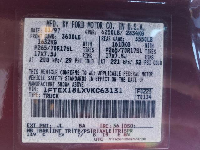 1FTEX18LXVKC63131 - 1997 FORD F150 MAROON photo 12