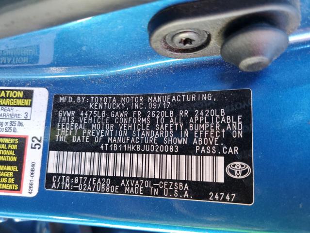 4T1B11HK8JU020083 - 2018 TOYOTA CAMRY L BLUE photo 13