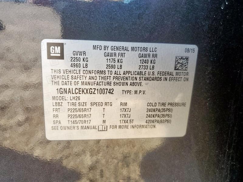 1GNALCEKXGZ100742 - 2016 CHEVROLET EQUINOX LT Czarny zdjęcie 14