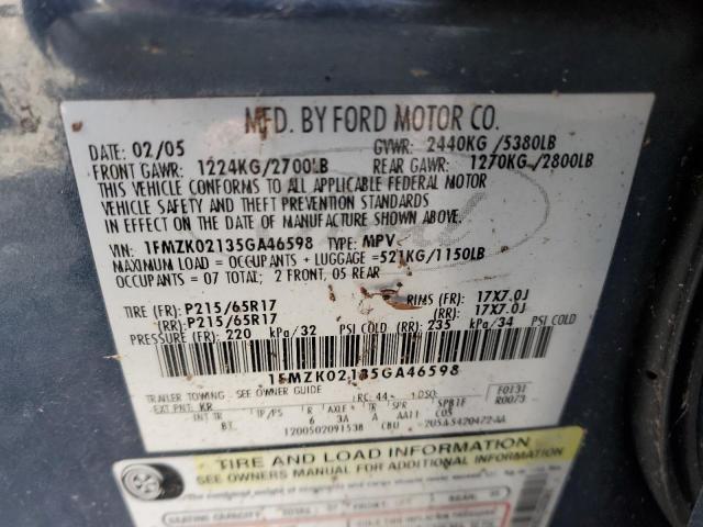 1FMZK02135GA46598 - 2005 FORD FREESTYLE SEL BLUE photo 12