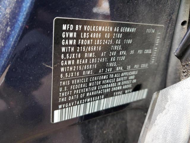 WVGAV7AX2FW555818 - 2015 VOLKSWAGEN TIGUAN S BLUE photo 12