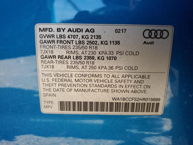 WA1BCCFS2HR015689 - 2017 AUDI Q3 PREMIUM BLUE photo 13