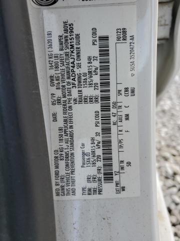 3FADP4AJ7KM151905 - 2019 FORD FIESTA S أبيض صورة 12