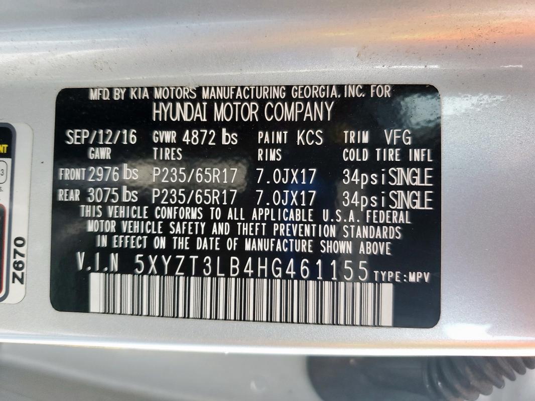 5XYZT3LB4HG461155 - 2017 HYUNDAI SANTA FE S ვერცხლისფერი ფოტო 12