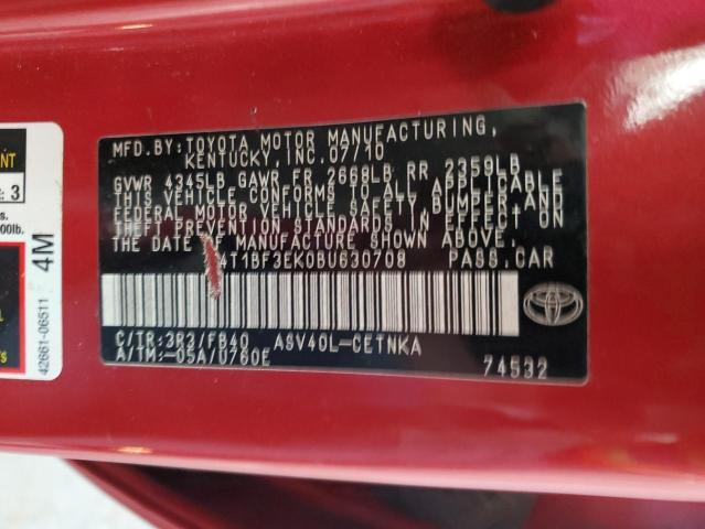 4T1BF3EK0BU630708 - 2011 TOYOTA CAMRY BASE Bordo fotoğraf 12