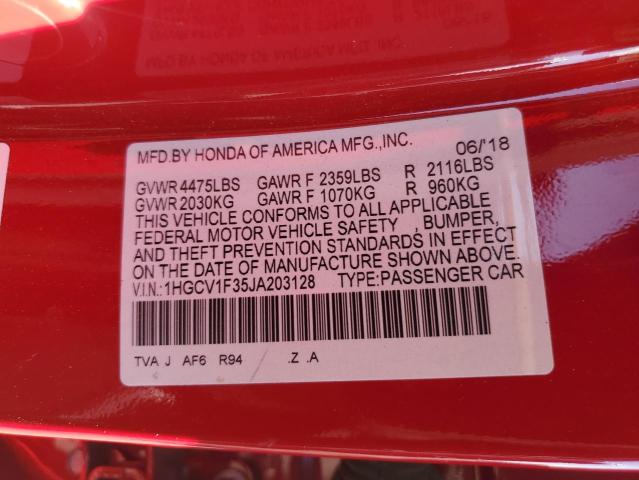 1HGCV1F35JA203128 - 2018 HONDA ACCORD SPORT Қызыл фото 12
