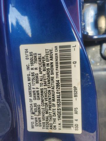 1HGES163X4L012864 - 2004 HONDA CIVIC DX VP Կապույտ լուսանկար 12