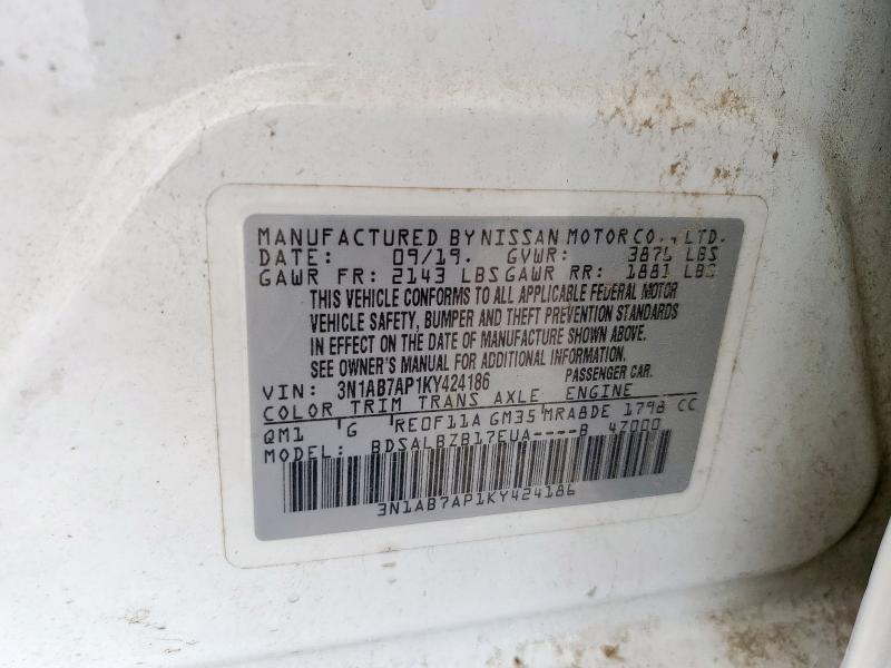 3N1AB7AP1KY424186 - 2019 NISSAN SENTRA S Ağ foto 12