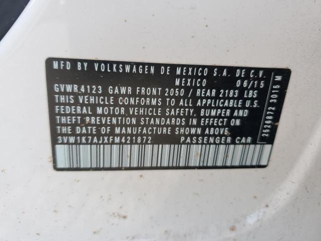 3VW1K7AJXFM421872 - 2015 VOLKSWAGEN JETTA BASE Սպիտակ լուսանկար 12