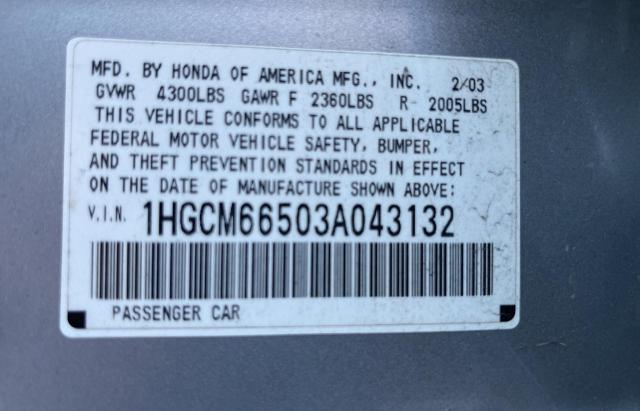 1HGCM66503A043132 - 2003 HONDA ACCORD EX SILVER photo 10