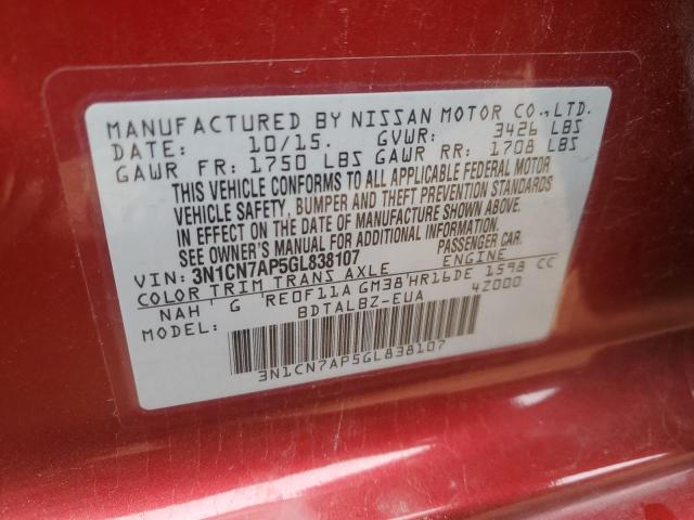 3N1CN7AP5GL838107 - 2016 NISSAN VERSA S RED photo 13