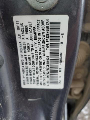 19XFB2F5XCE019136 - 2012 HONDA CIVIC LX GRAY photo 12