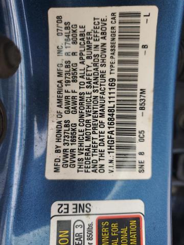 1HGFA16848L111169 - 2008 HONDA CIVIC EX BLUE photo 13