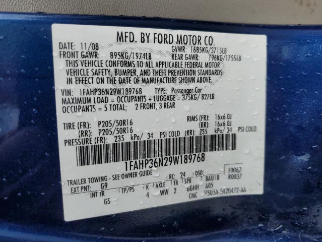 1FAHP36N29W189768 - 2009 FORD FOCUS SES BLUE photo 12