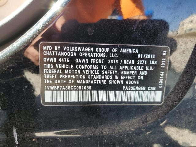 1VWBP7A38CC051039 - 2012 VOLKSWAGEN PASSAT SE BLACK photo 12