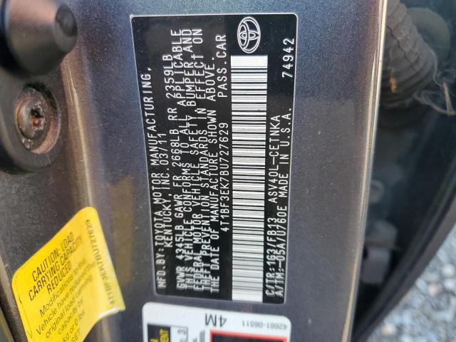 4T1BF3EK7BU727629 - 2011 TOYOTA CAMRY BASE GRAY photo 12