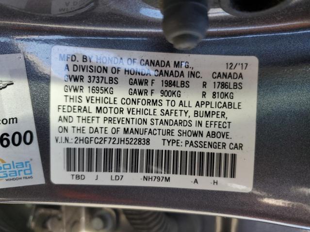 2HGFC2F72JH522838 - 2018 HONDA CIVIC EX Boz foto 13