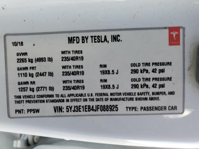 5YJ3E1EB4JF088925 - 2018 TESLA MODEL 3 WHITE photo 12