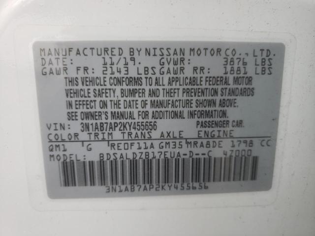 3N1AB7AP2KY455656 - 2019 NISSAN SENTRA S WHITE photo 13