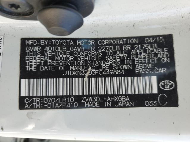 JTDKN3DU3F0449884 - 2015 TOYOTA PRIUS 白色 照片 12