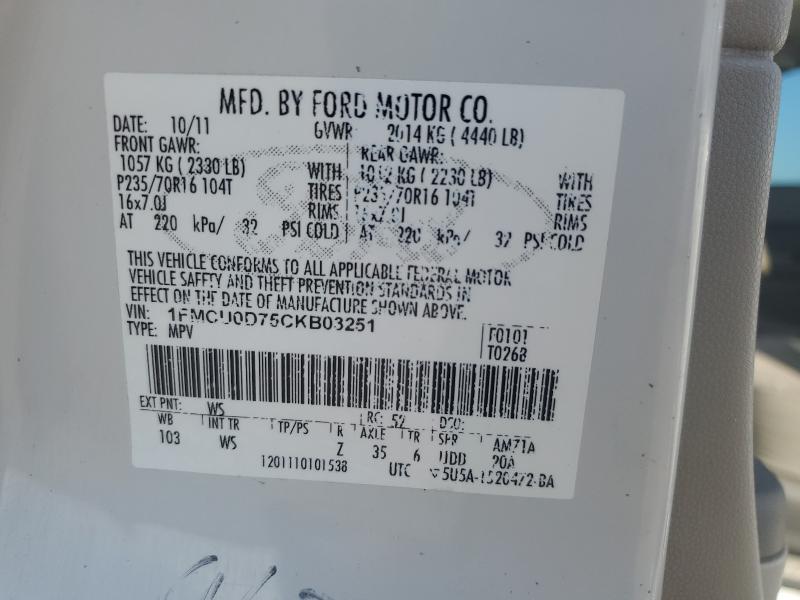 1FMCU0D75CKB03251 - 2012 FORD ESCAPE XLT WHITE photo 13