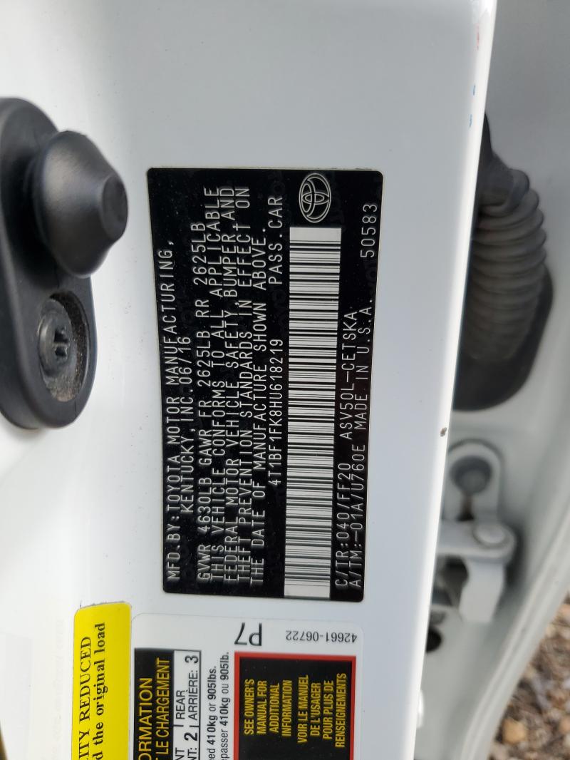 4T1BF1FK8HU618219 - 2017 TOYOTA CAMRY LE 白色 照片 12