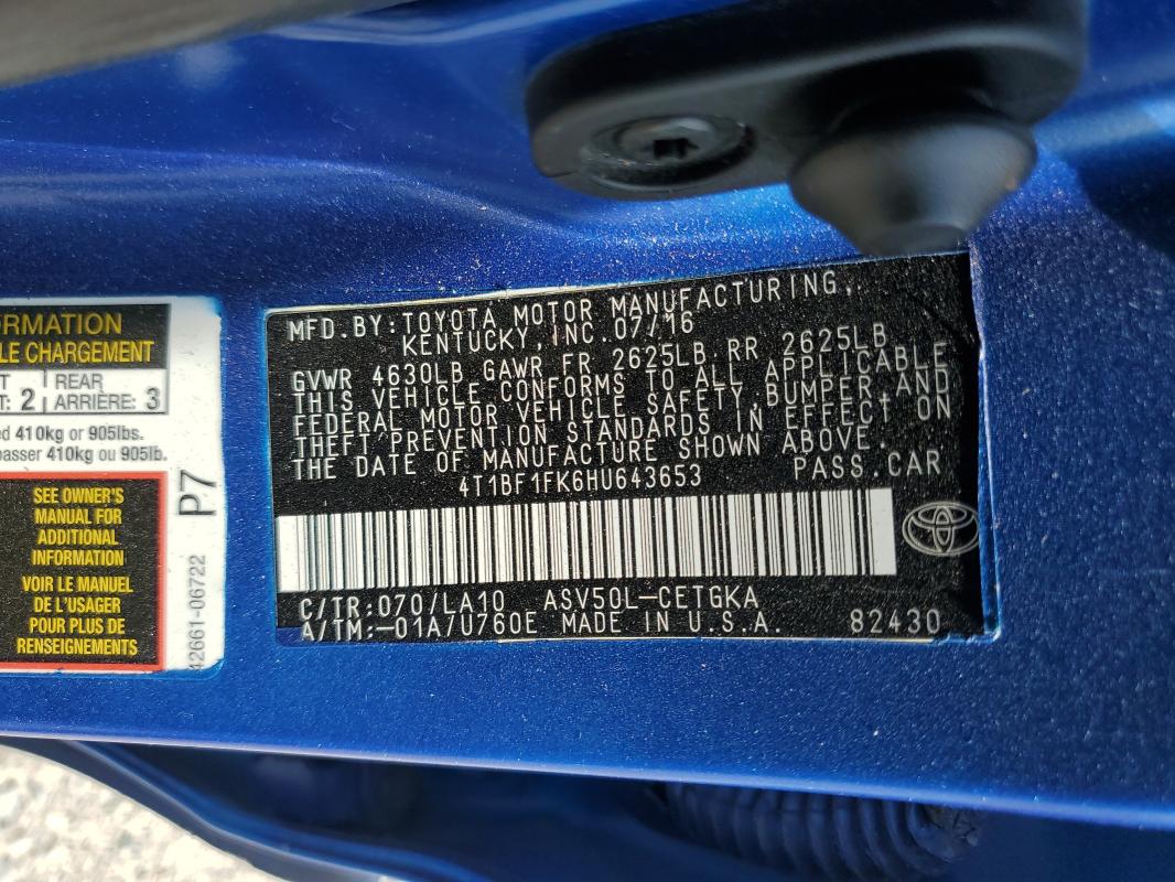 4T1BF1FK6HU643653 - 2017 TOYOTA CAMRY LE BLUE photo 12