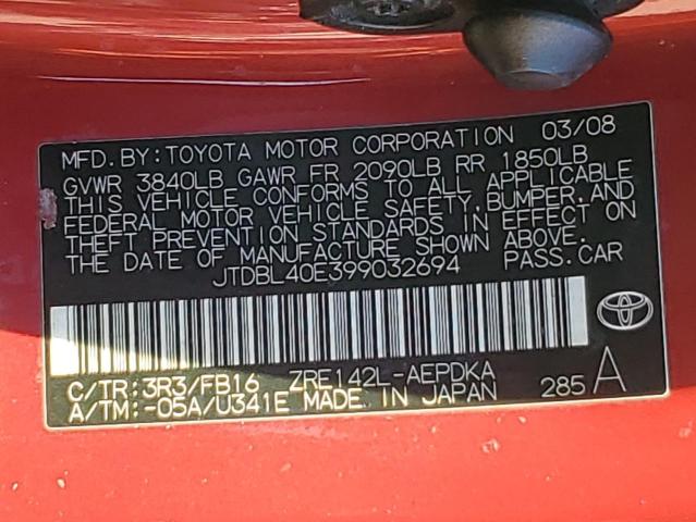 JTDBL40E399032694 - 2009 TOYOTA COROLLA BASE წითელი ფოტო 12