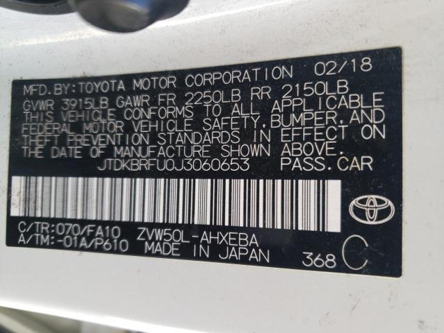 JTDKBRFU0J3060653 - 2018 TOYOTA PRIUS WHITE photo 13