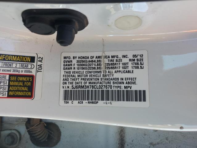 5J6RM3H78CL027670 - 2012 HONDA CR-V EXL WHITE photo 13