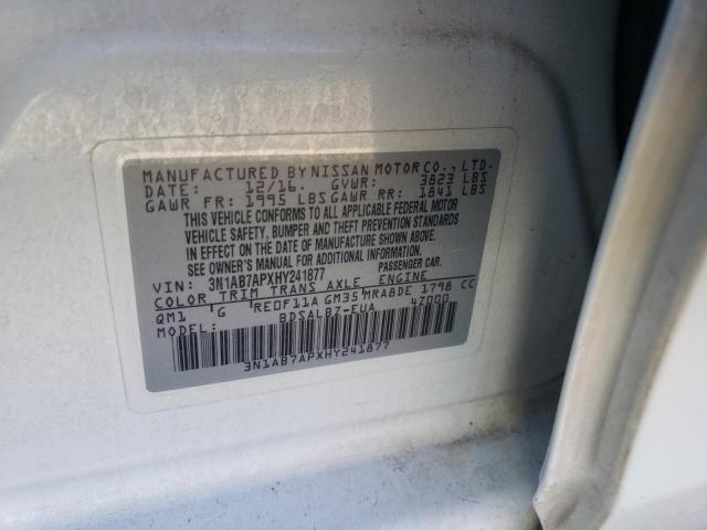 3N1AB7APXHY241877 - 2017 NISSAN SENTRA S WHITE photo 12