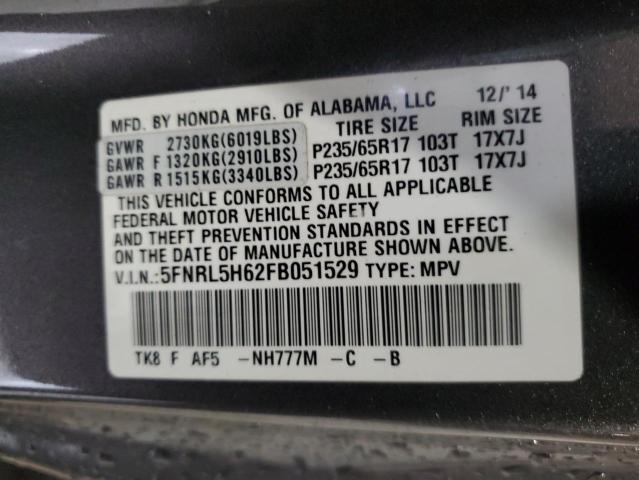 5FNRL5H62FB051529 - 2015 HONDA ODYSSEY EXL CHARCOAL photo 14