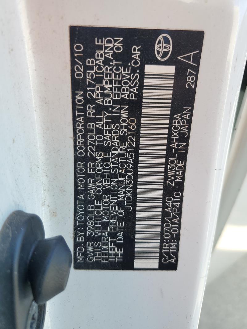 JTDKN3DU9A5122160 - 2010 TOYOTA PRIUS 白色 照片 12