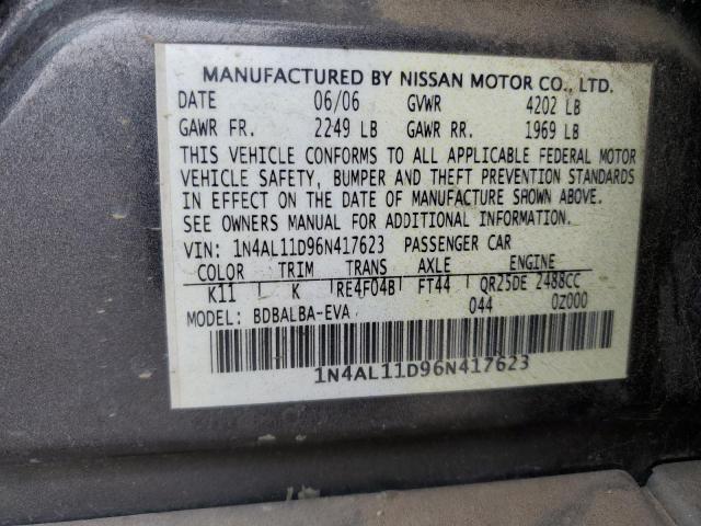 1N4AL11D96N417623 - 2006 NISSAN ALTIMA S GRAY photo 12