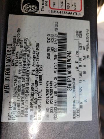 3FAHP0JA0BR190946 - 2011 FORD FUSION SEL GRAY photo 12