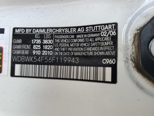 WDBWK54F56F119943 - 2006 MERCEDES-BENZ SLK 280 WHITE photo 12