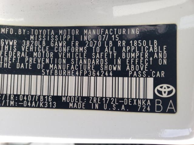 5YFBURHE4FP364244 - 2015 TOYOTA COROLLA L WHITE photo 12