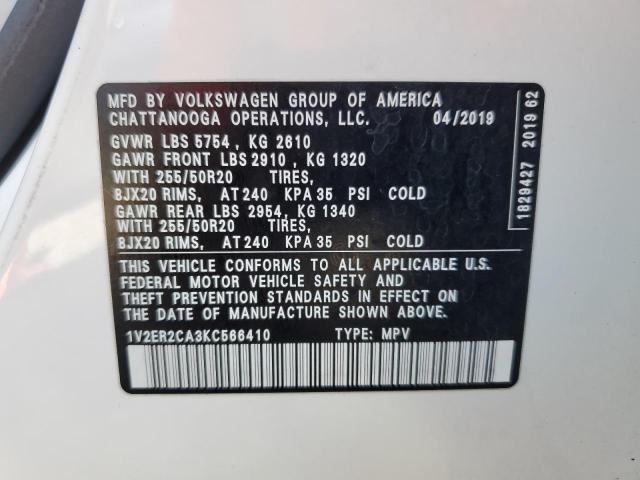 1V2ER2CA3KC566410 - 2019 VOLKSWAGEN ATLAS SEL WHITE photo 13