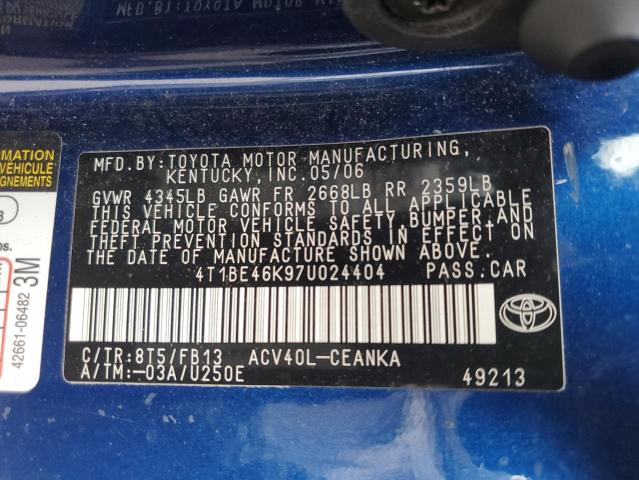 4T1BE46K97U024404 - 2007 TOYOTA CAMRY CE 蓝色 照片 12