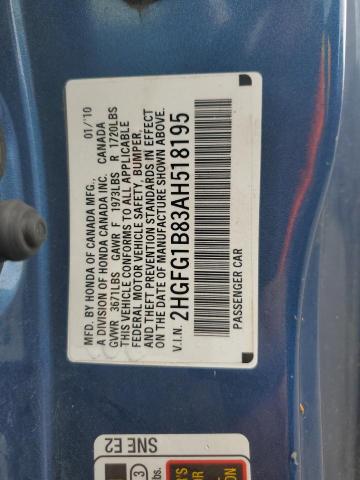 2HGFG1B83AH518195 - 2010 HONDA CIVIC EX BLUE photo 13