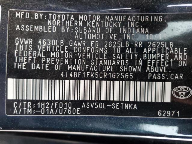 4T4BF1FK5CR162565 - 2012 TOYOTA CAMRY BASE BLACK photo 12