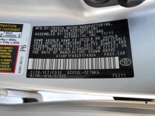 4T4BF1FK6CR174904 - 2012 TOYOTA CAMRY BASE SILVER photo 12