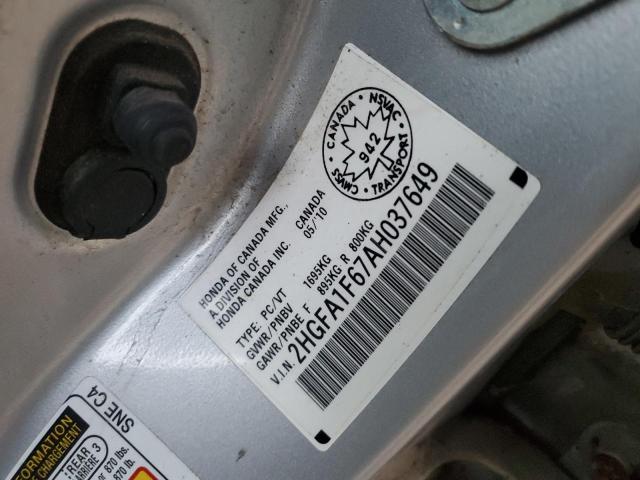 2HGFA1F67AH037649 - 2010 HONDA CIVIC LX-S 银色 照片 12