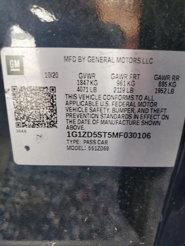 1G1ZD5ST5MF030106 - 2021 CHEVROLET MALIBU LT BLACK photo 12